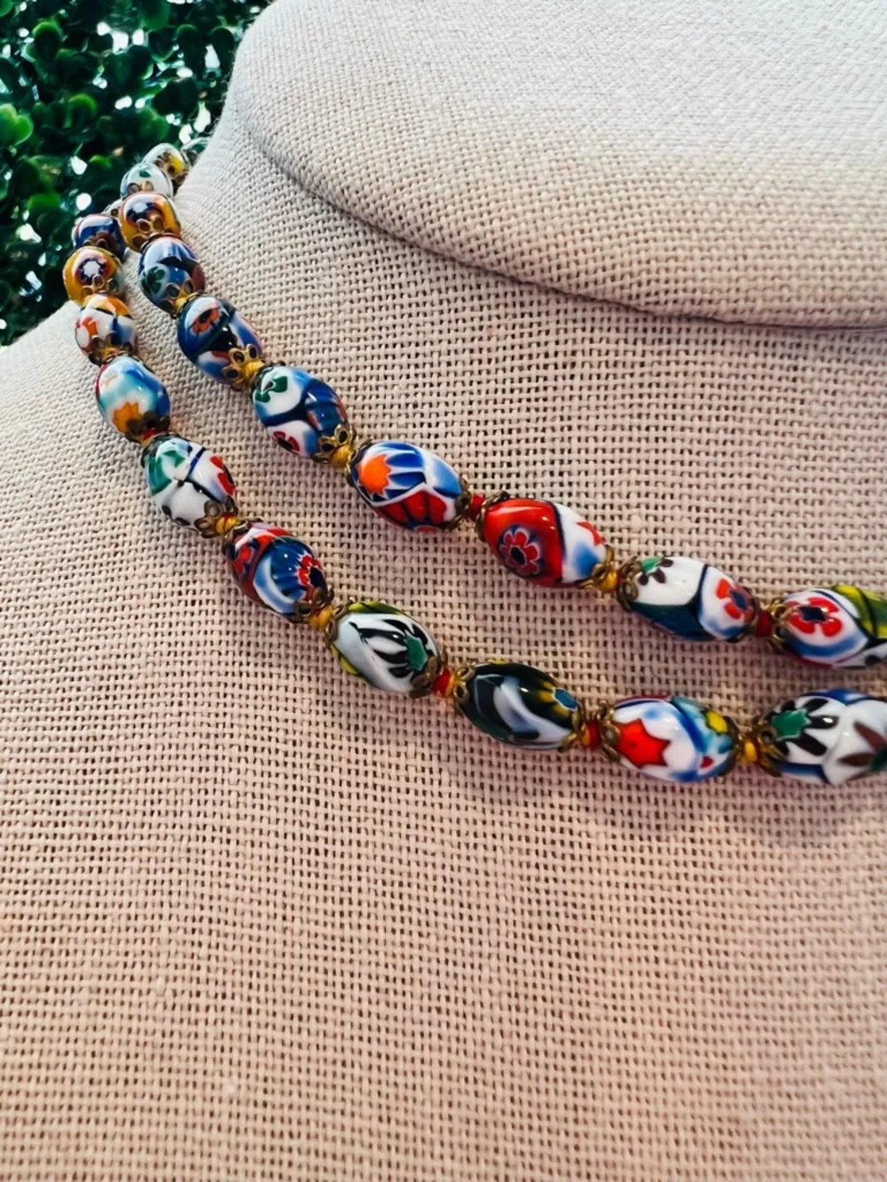 Vintage Murano Millefiori Glass Necklace 28” Hand-Knotted Venetian Mosaic Beads
